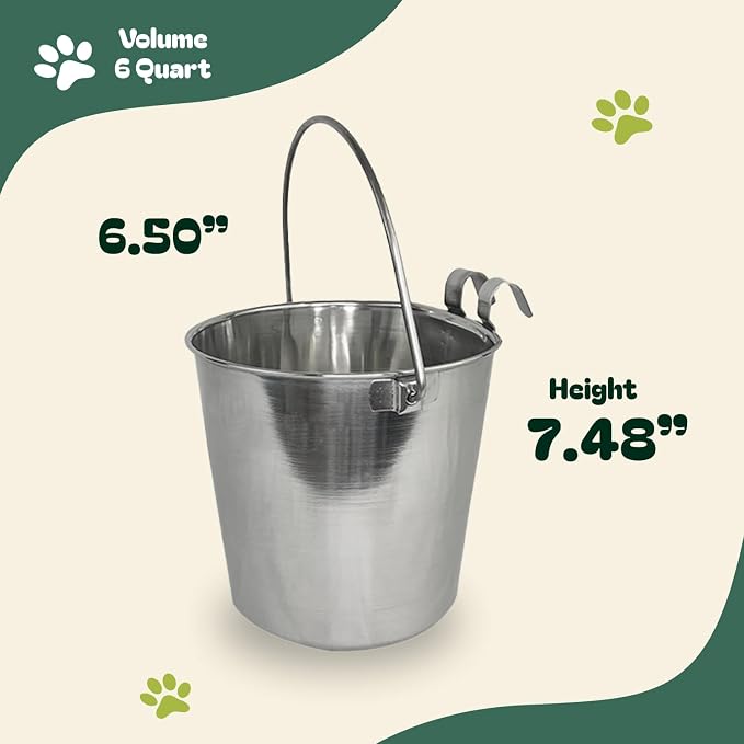 Advance Pet Products 6 Quart Stainless Steel Bucket with Dual Hook | Perfectly Fits on Kennels, Cages and Critter Crates | Heavy Duty Bucket for Pets Cleaning & Food Prep - Flat Sided Pail