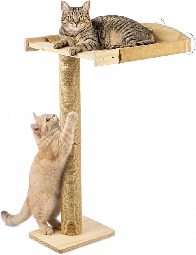 Cat Window Perch with Tall Scratching Post, Solid Wood Window Perch for Cats with Heavy Duty Suction Cups, Indoor Cat Tree for Sleeping, Playing, Sunbathing