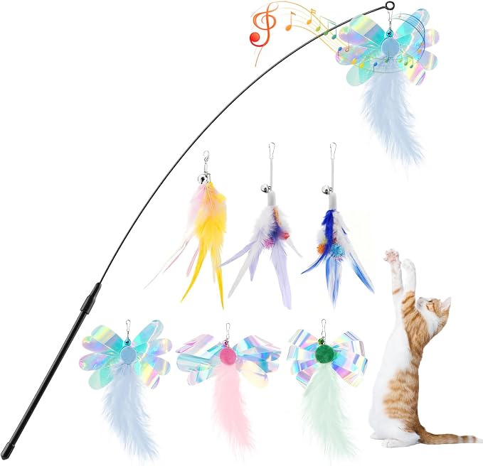 Pawaboo Feather Teaser Cat Toy, Interactive Feather Wands Cats Toy Flying Feathers Cat Catcher with Extra Long 34.5" Wand and Small Bell, Exerciser Playing Toys, 1 Wand + 6 Feathers, Colorful