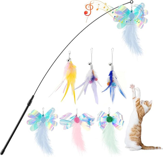 Pawaboo Feather Teaser Cat Toy, Interactive Feather Wands Cats Toy Flying Feathers Cat Catcher with Extra Long 34.5" Wand and Small Bell, Exerciser Playing Toys, 1 Wand + 6 Feathers, Colorful