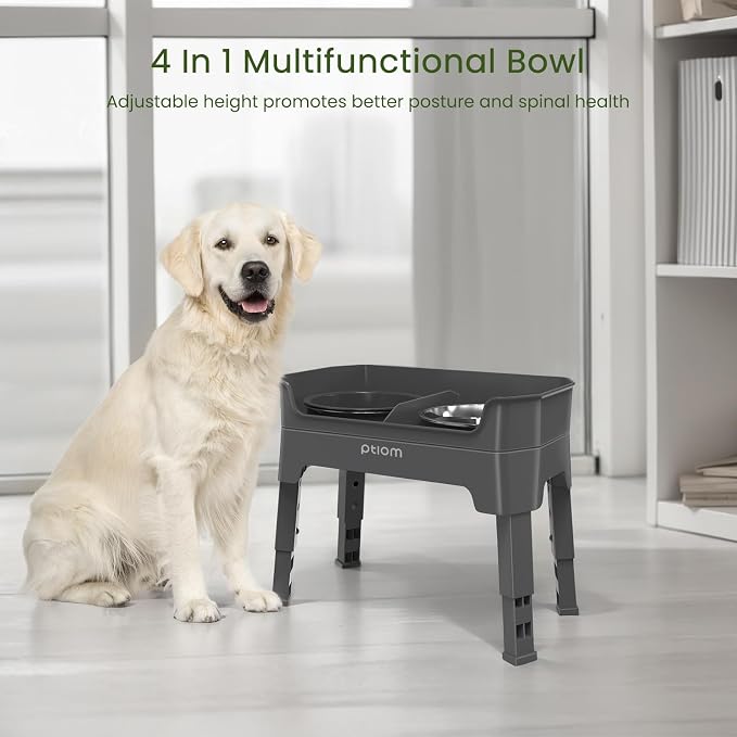 4-in-1 Elevated Slow Feeder Dog Bowls, 4 Height Adjustable Mess Proof Raised Dog Bowl Stand with Licking Plate, 2 Stainless Steel Dog Food Bowl & Slow Feeder for Large Medium Small Dogs Pets