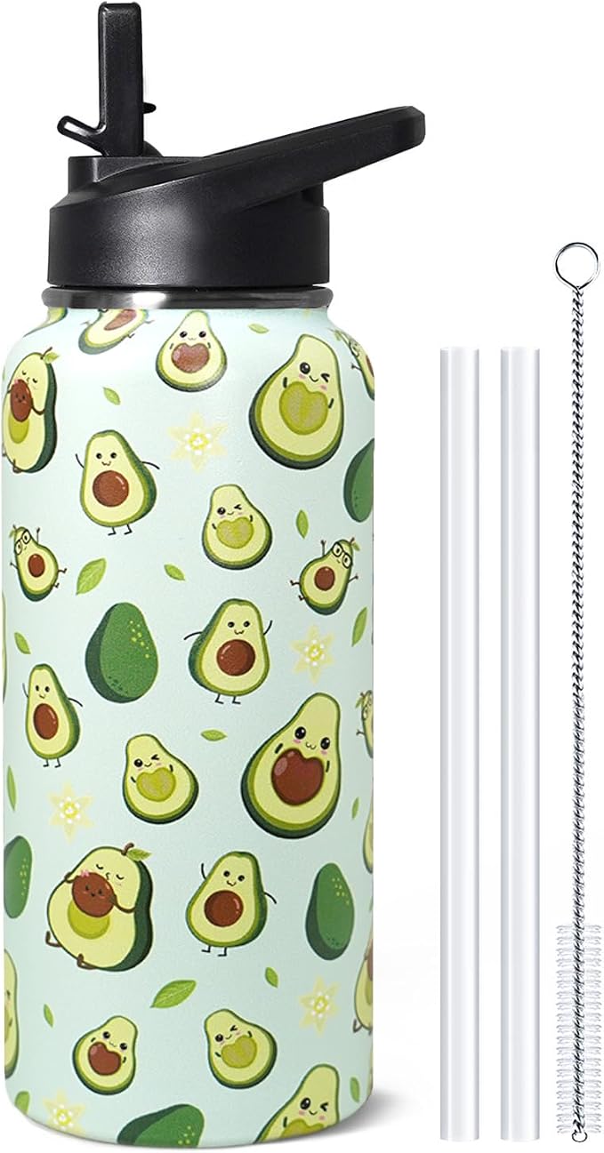 32oz Green Avocado Stainless Insulated Aater Water Bottle with Straw,Green Avocado Gym Hiking Sports Coffee Mug Cup Water Bottles,Avocado Themed Gifts for Women,Avocado Decor Stuff Accessories