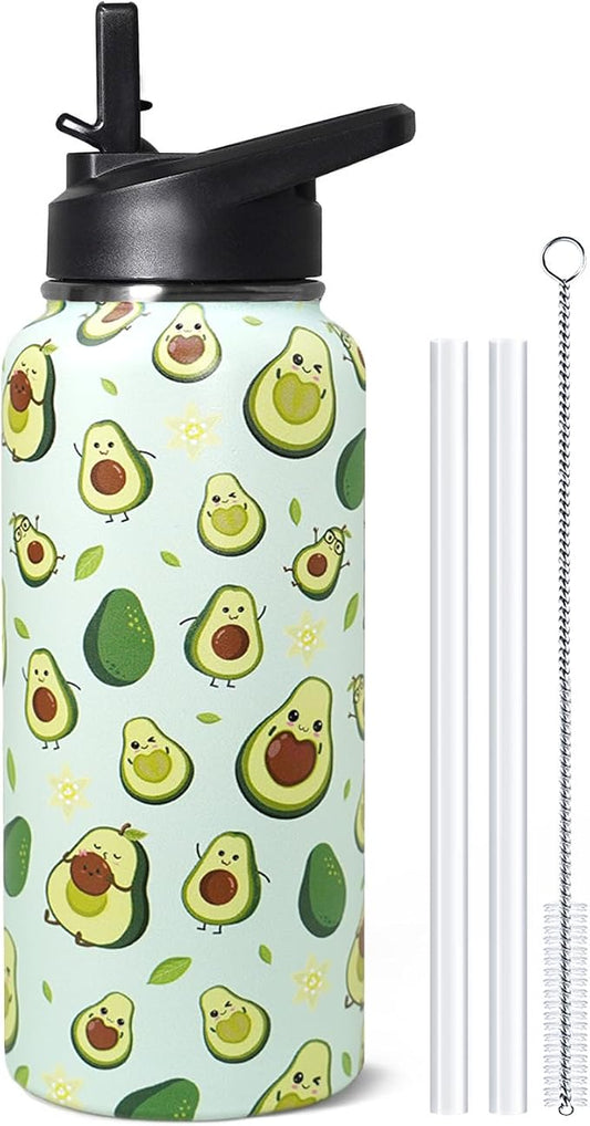 32oz Green Avocado Stainless Insulated Aater Water Bottle with Straw,Green Avocado Gym Hiking Sports Coffee Mug Cup Water Bottles,Avocado Themed Gifts for Women,Avocado Decor Stuff Accessories