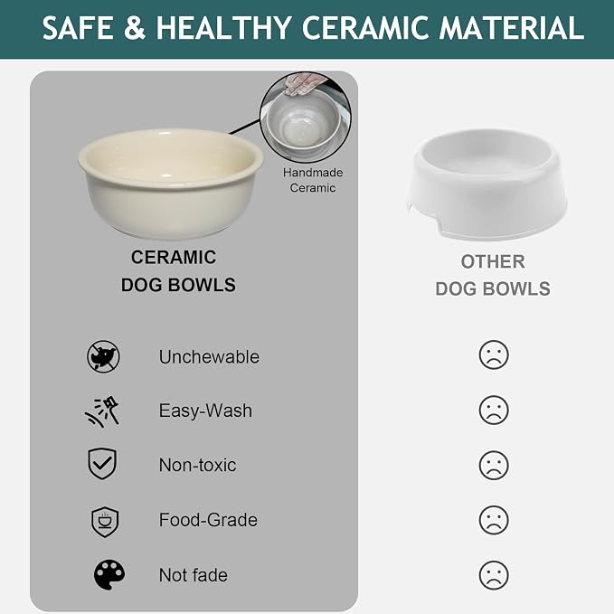 Elevated Ceramic Dog Bowl with Stand, Raised Food and Water Feed Set, Beige | Pet Dishes For Small and Medium Breeds, 6.9" Wide Double Modern Porcelain Bowls, 6.3" High Wooden Stand, Non-Slip, 28Oz/800ML