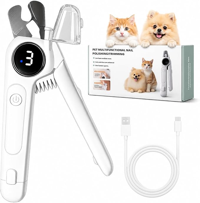 2-in-1 Dog Nail Clippers with LED Light and Grinder, Quiet Rechargeable Pet Nail Trimmer with Dust Collector, Quick Sensor Grooming Tool for Dogs and Cats, Black Nails