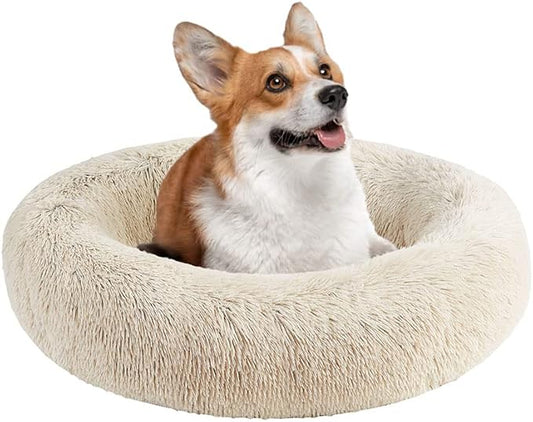 Friends Forever Calming Dog Bed for Medium Dogs, Donut Medium Pet Bed, 30 Inches Memory Foam Orthopedic Dog Bed with Fluffy Plush Faux Fur, Machine Washable, Serena Tan, 30"x23"x6.5"