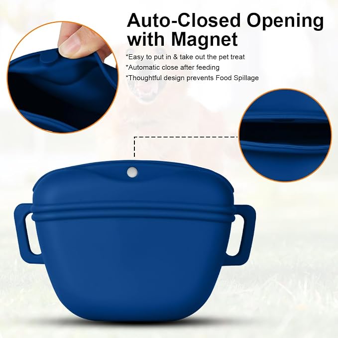 AOMIG Dog Treat Pouch with Training Clicker, 1.67 Cup Silicone Dog Treat Bag with Stronger Magnetic Closure, Portable Pouches for Pet Training Walking Premium Fanny Pack with Waist Belt(Dark Blue) | Silicone Bag Treats, Training, Portable, Dark Blue
