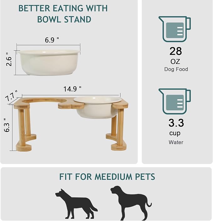 Elevated Ceramic Dog Bowl with Stand, Raised Food and Water Feed Set, Beige | Pet Dishes For Small and Medium Breeds, 6.9" Wide Double Modern Porcelain Bowls, 6.3" High Wooden Stand, Non-Slip, 28Oz/800ML