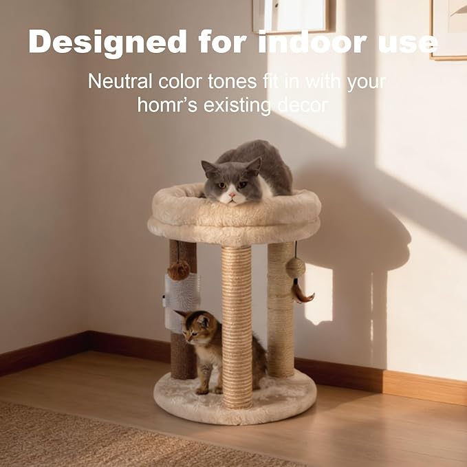 MECOOL 4in1 Small Cat Tree,Scratching Post with Tower Soft Bed, Sisal Carpet Jute Posts with Three Hanging Ball Toys and Massage Brush for Indoor Cats and Kittens