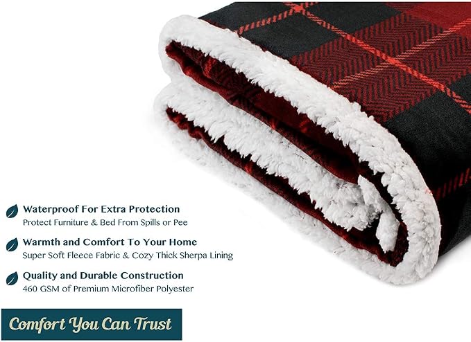 Pavilia Waterproof Blanket for Couch & Sofa | Large Dog & Cat Protector | Plush Soft Sherpa Blanket, Plaid Red, 60x80
