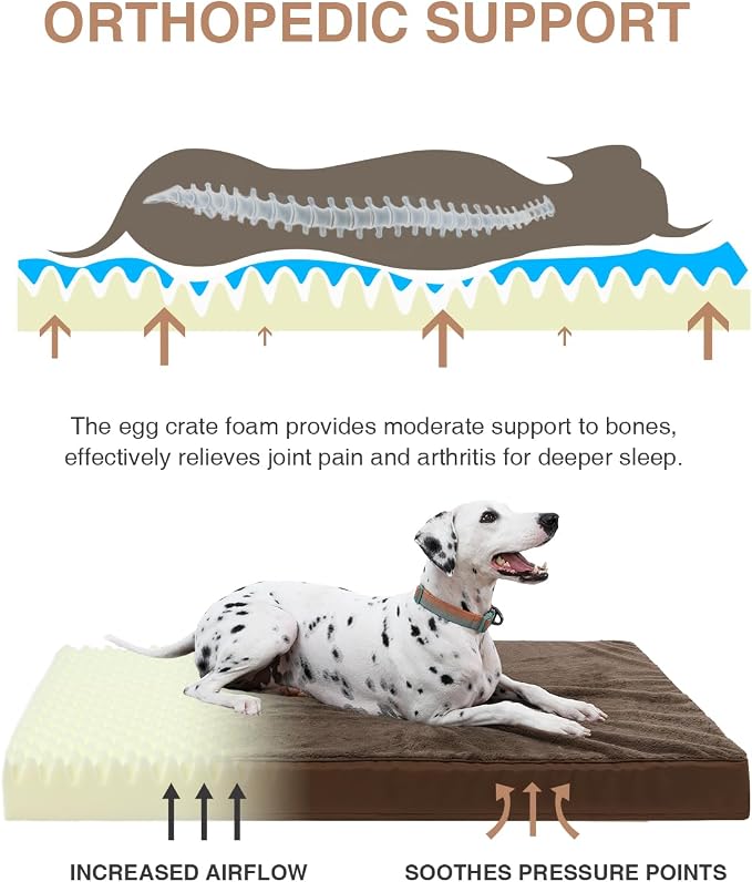 KSIIA Orthopedic Dog Bed for Extra Large Dogs with Waterproof, Brown, 47x29 | Deluxe Soft Plush Dog Crate Bed, Washable Pet Mat with Removable Cover & Egg Crate Foam for Extra Large Dogs Sleeping