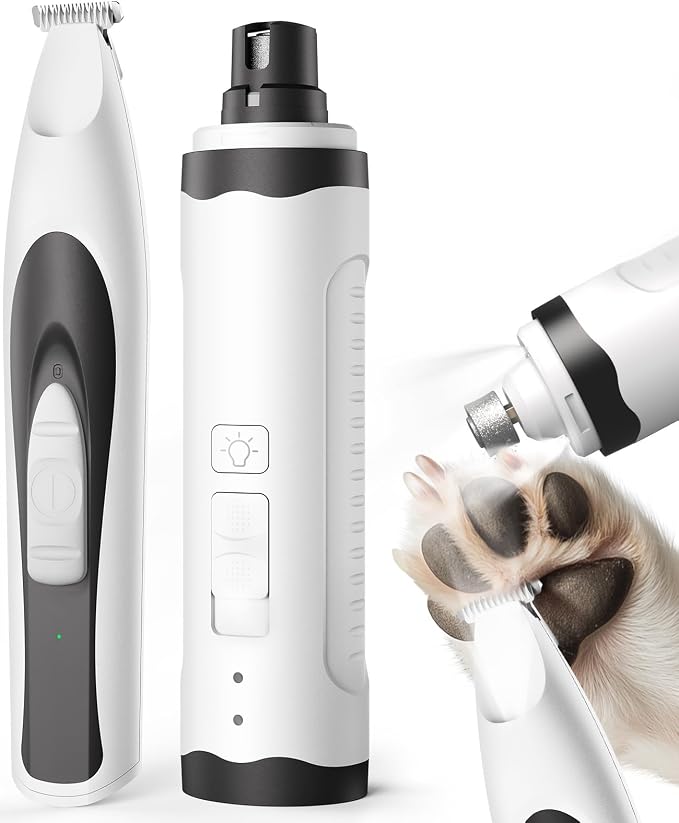 oneisall 2 in 1 Dog Nail Grinder & Paw Trimmer Kit, 2 LED Lights | 35 dB Low Noise, 6500/7500RPM, 2 Speeds, Cordless & Rechargeable, Long Battery Life, Safe for Paw, Face, Ears, Body