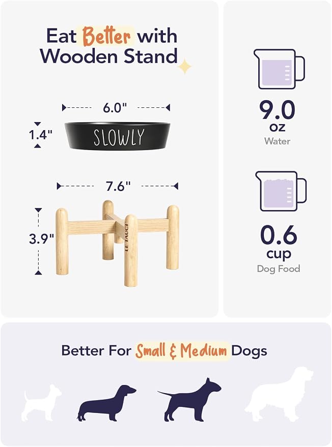 LE TAUCI PET Ceramic Slow Feeder Dog Bowls Elevated, 0.6 Cups Raised Dog Bowl with Wooden Stand for Small Breed to Slow Down Eating, Puzzle Food Bowl,Black