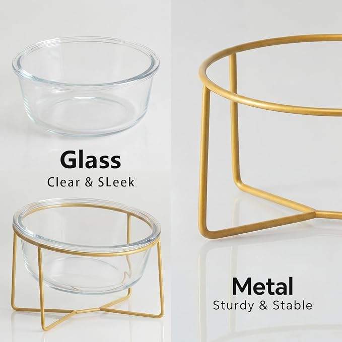 Small Glass Tilted Elevated Cat Dog Bowl Raised Cat Food Water Bowl Dish Pet Comfort Feeding Bowls with Gold Iron Stand