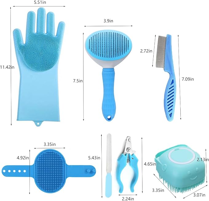 8PCS Dog Bath Supplies Set，Dog Washing Gloves，Shampoo Brush, Bath Supplies Set，Shedding Slicker Brush，Complete Pet Grooming Kit for Dog&Cat and Small Animal Grooming(8PCS-Bath-Blue)