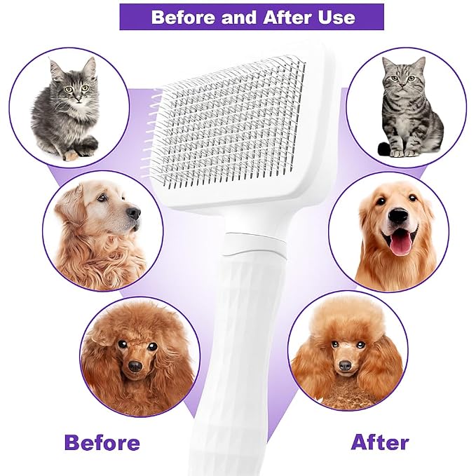 Self-Cleaning Slicker Brush, Dog Cat Bunny Pet Grooming Shedding Brush, Easy to Remove Loose Undercoat, Pet Massaging Tool Suitable for Pets with Long or Short Hair (White)