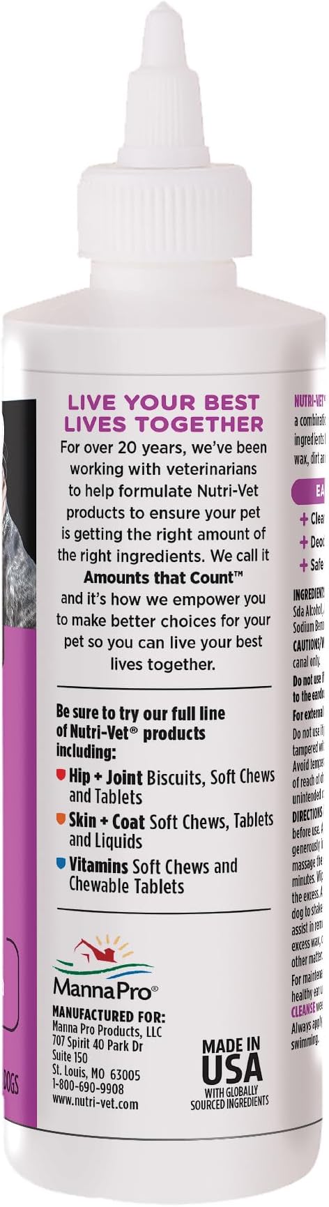 Nutri-Vet Ear Cleanse for Dogs, Liquid Ear Cleanser with Soothing Aloe & Salicylic Acid, Removes & Cleans Wax,Dirt,and Debris,Deodorizes,and Itch Relief, Gentle Veterinarian Formulated,8oz,(Pack of 2)