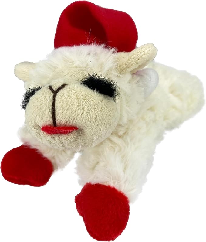 Multipet Lamb Chop Dog Plush Toy w/ Santa Hat - Squeaky Toy for All Dogs - Extra Soft Plush - Stuffed Animal for Cuddling & Playing (6”, Cream)