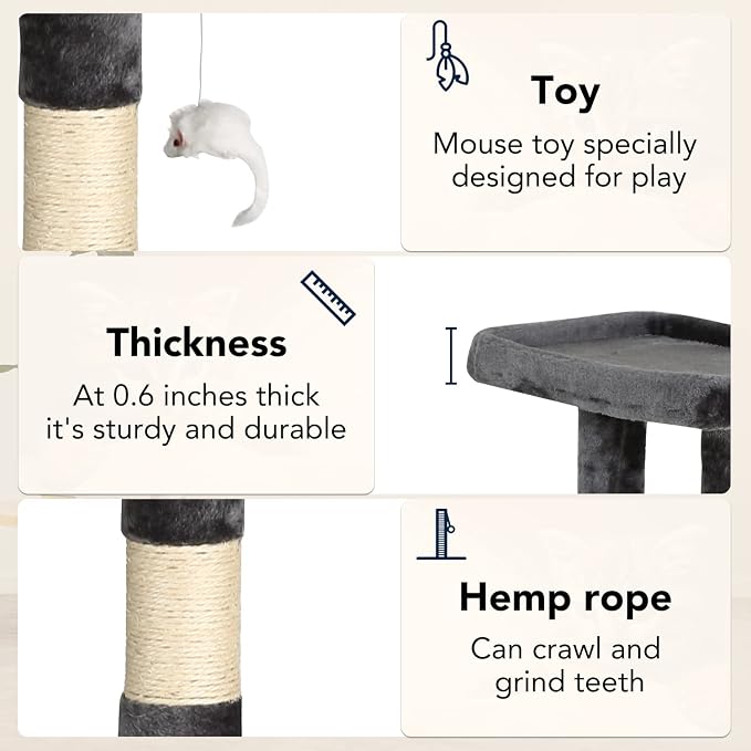 BestPet | 37" Cat Tree Tower | Light Gray | Sturdy Multi-Level Cat Tree with Plush Condo, Cozy Perch, Sisal Scratching Posts, Hanging Toy and Hammock | Easy Assembly | for Kittens & Adult Cats