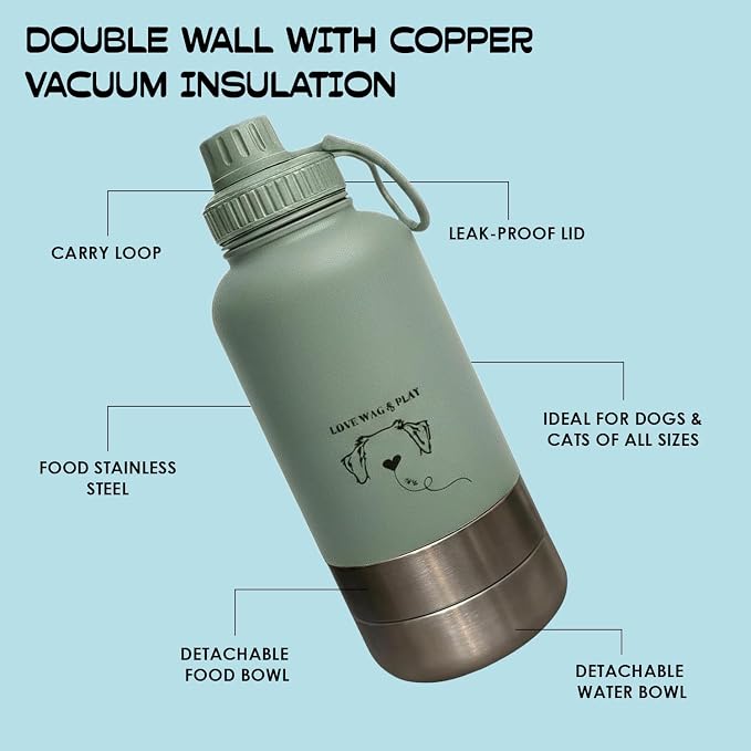 Love Wag & Play Dog Water Bottle with Food Bowls, Portable Stainless Steel Bottle for Dogs, Leakproof Travel Design with Detachable Bowls for Walks, Hikes and Outdoor Adventures (32 oz)