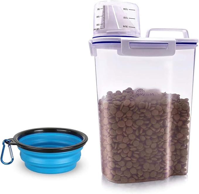 TIOVERY Dog Food Storage Container Small, Cat Food Storage Container Airtight Plastic Dispenser with Graduated Measuring Cup, Pourable Spout and Portable Collapsible Dog Bowl for Pet Food, Birds Seed