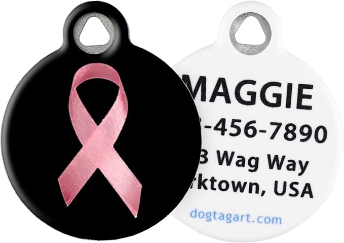 Breast Cancer Awareness Personalized Pet ID Tag for Dogs and Cats, Silent Polymer Coated Stainless Steel Nametag with Customized Identification Information, Large 1.25" Diameter