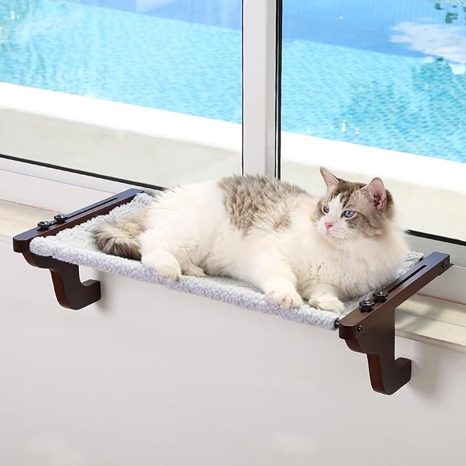 Zakkart Easy Seat Cat Perch for Windowsill (Dark Stained Wood/Gray, L) | Hook-On Windowsill Mount, Clean Hammock Design, Premium Wood & Robust Metal Frame, Machine Washable Bed, 26"W x 14"D
