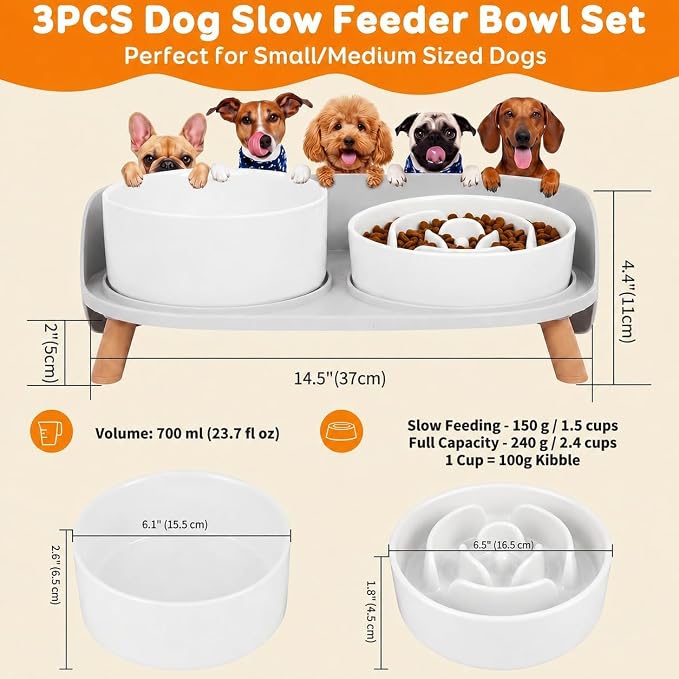 Elevated Slow Feeder Dog Bowls - Ceramic Food and Water Bowl Set with Stand - Raised Pet Dishes for Small and Medium Sized Dogs