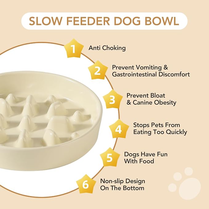 Havniva 8.2” Raised Slow Feeder Dog Bowls Set, 1.6 Cups Ceramic Slow Feeder Dog Bowl and 7.3” Dog Water Bowl with Elevated Wooden Stand Puzzle Dog Food Bowl for Medium Dogs Anti-Gulping & Anti-Choking