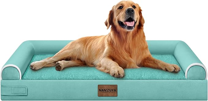 NANUYA Orthopedic Dog Bed for X-Large Dogs, 40 x 32 Inch, Aqua Blue | Egg crate foam for joint support, 3-sided bolster pet sofa, waterproof lining, washable cover, and non-skid base