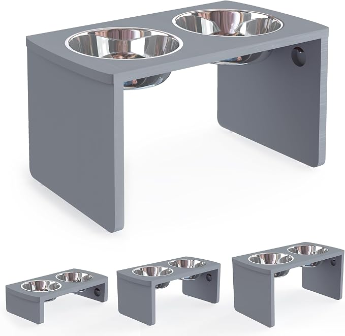 Elevated Dog Bowls, Bamboo Raised Dog Bowl for Large Dogs, with 2 Stainless Steel Bowls (13'' Tall-68 oz Bowl, Grey)
