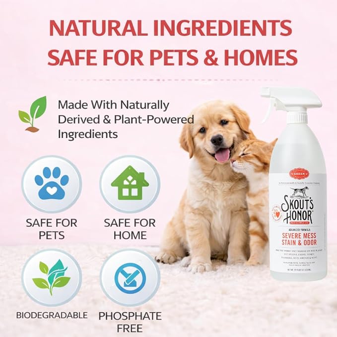 SKOUT'S HONOR Severe Mess Stain and Odor Remover, 35 oz | Advanced Stain and Carpet Cleaner for Dog Urine, Poop, Vomit and Toughest Pet Messes, Professional-Strength