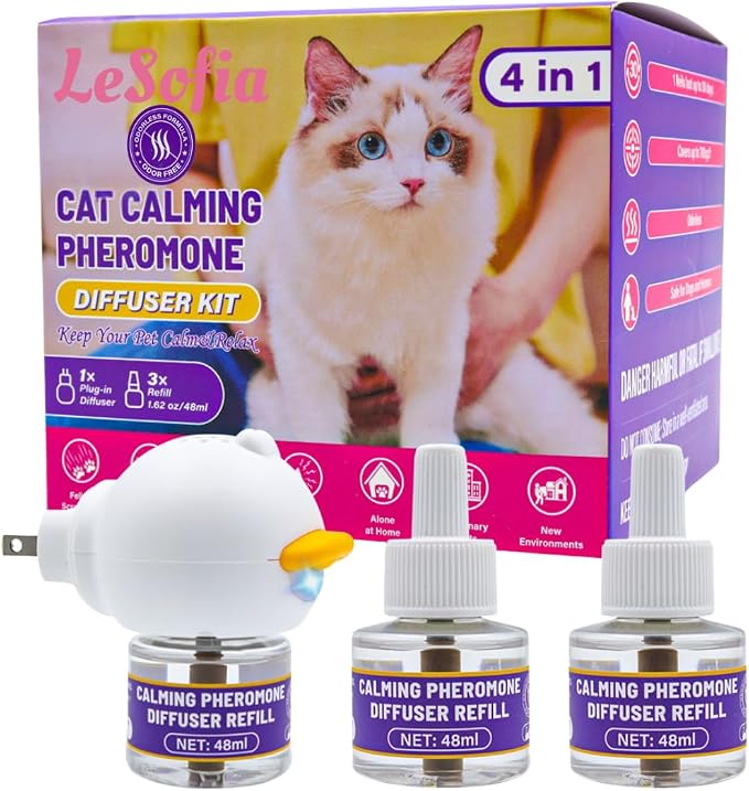 Cat Pheromones Calming Diffuser, 90-Day Cat Calming Diffuser - 1 Diffuser & 3 Refills Top Advantageous Kit Cat Calming Diffuser – Helps Reduce Scratching,Peeing,Hiding Urine,Marking Aggression