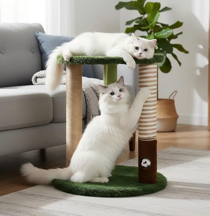 WOOCHPET 17" Small Cat Tree with Grass Base, 3 Sisal Scratching Posts & Top Perch, Cute Green Kitten Tower Platform, Small Cat Scratcher for Indoor Cats
