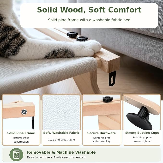 Extra Wide Cat Window Perch, 3-in-1 & Cordless with Solid Wood Frame | 40 lb Tested, 20.1 x 25.2 in Extra-Wide Frame, Heavy-Duty Suction Cups, Reinforced Steel Hooks, Converts to Floor Bed