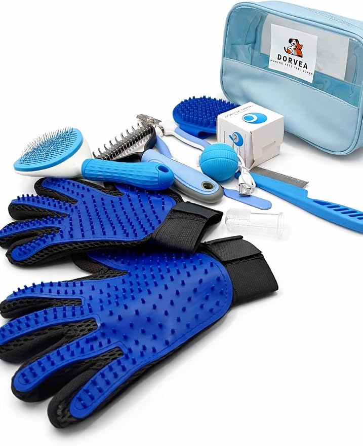 12-in-1 Pet Grooming Kit for Cats & Dogs, Professional Grooming Tools Set with Deshedding Brush, Slicker Brush, Grooming Glove, Nail Clipper, Flea Comb, Cat Teaser Ball & Storage Bag