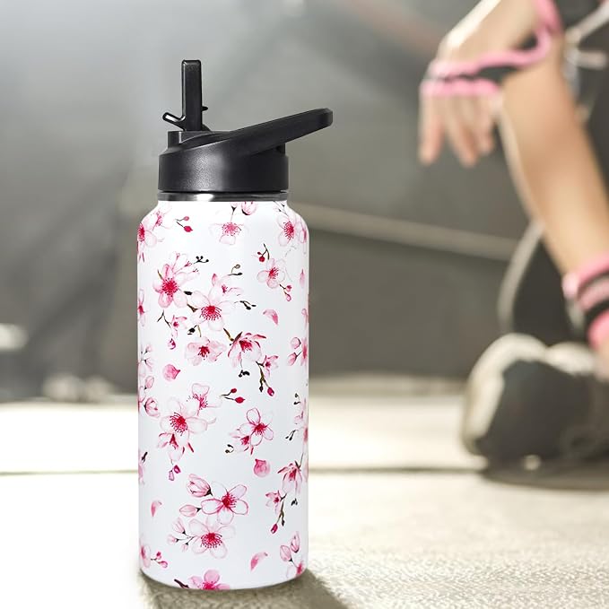 32oz Cherry Blossoms Flip Stainless Insulated Aater Water Bottle with Straw,Pink Cherry Blossoms Floral Gym Hiking Sports Coffee Mug Cup Water Bottles,Cherry Blossoms Decor Stuff Accessories