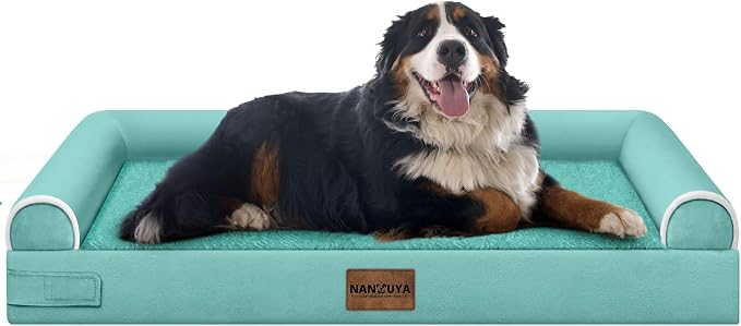 NANUYA Orthopedic Dog Bed for Jumbo Dogs, 53 x 42 Inch, Aqua Blue | Egg crate foam for joint support, 3-sided bolster pet sofa, waterproof lining, washable cover, and non-skid base