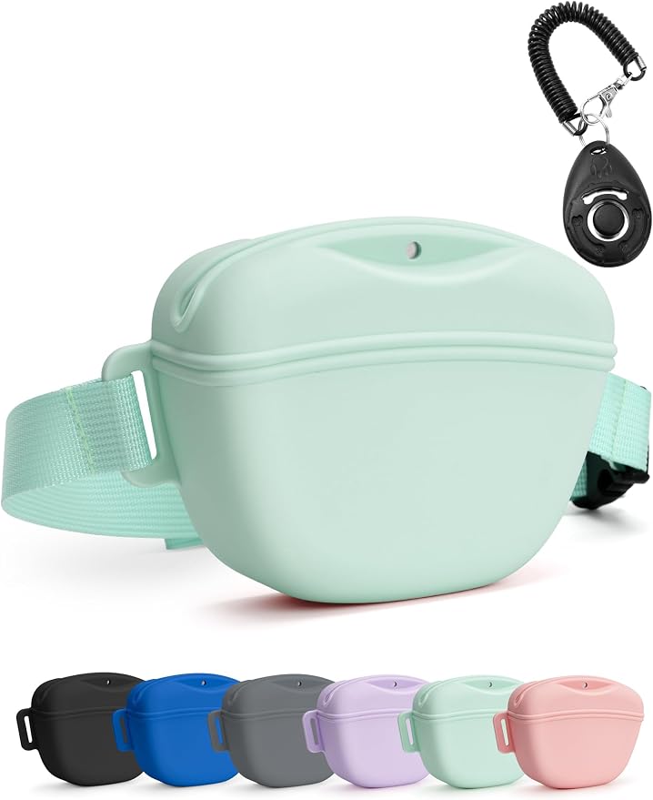 heouvo 1.67 Cup Dog Treat Pouch with Training Clicker (Green) | Magnetic Closure, Silicone Bag with Waist Belt for Pet Training & Walking, Easy One-hand Treat Access