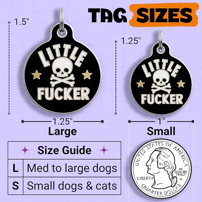 Bad Tags Personalized Dog and Cat ID Tags in 25+ Designs and 2 Sizes - 5 Lines of Custom Engraved Text - Funny Cute Personalized Pet Tags (Little F*cker, Small (1 inch))