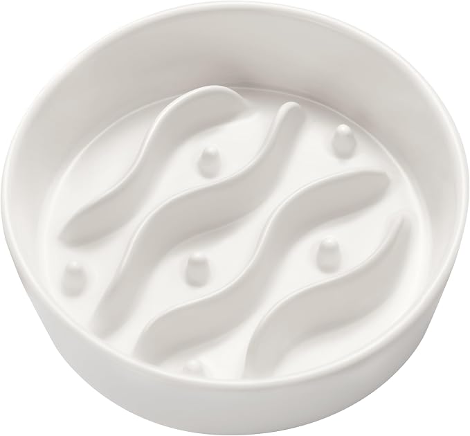 Ceramic Slow Feeder Dog Bowls for Small Dogs, 0.6 Cup Dog Slow Feeder for Fast Eater, Puzzle Maze Bowl, 14oz, 6in, White