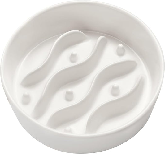 Ceramic Slow Feeder Dog Bowls for Small Dogs, 0.6 Cup Dog Slow Feeder for Fast Eater, Puzzle Maze Bowl, 14oz, 6in, White