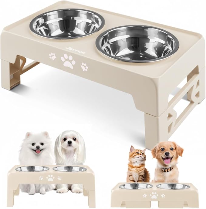 Jovrun Elevated Dog Bowls for Small Dogs and Cats, Non-Slip Cat Bowls with 2 Thick 5.5" Stainless Steel Dishes, Dog Feeder 2 Heights Adjustable to 2.6"-5.3"
