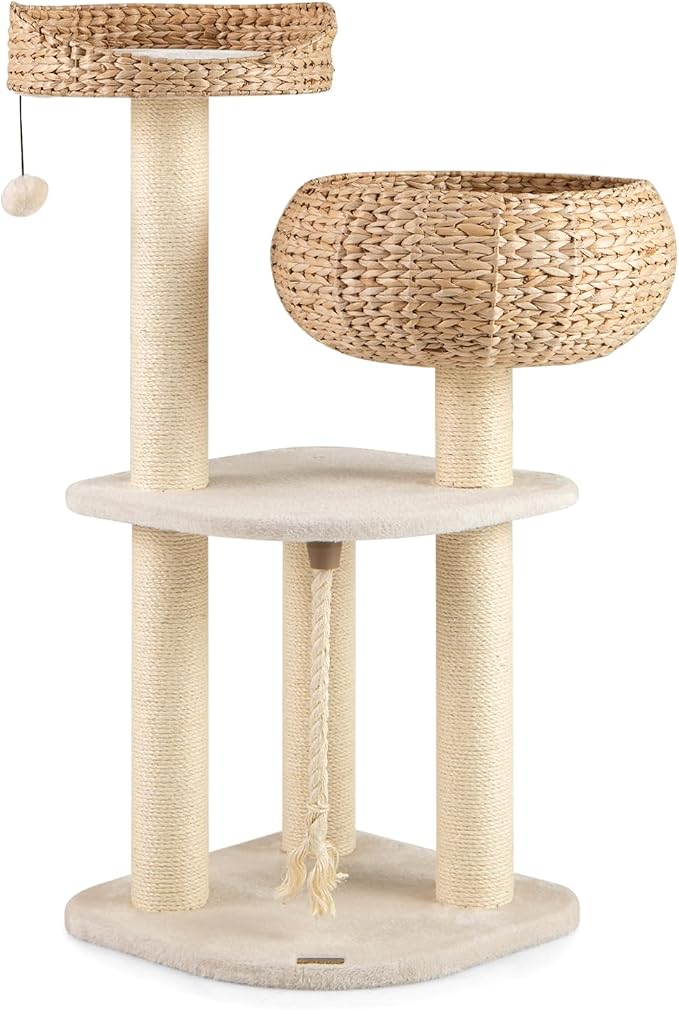 41 Inch Modern Cat Tree for Indoor Cats, Multi-Level Cute Cat Tree with Scratching Posts, Hand-Made Wicker Cat Condo & Top Perch, Dangling Ball, and Sisal Rope, Beige