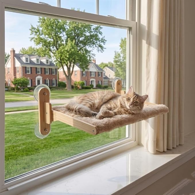 Foldable Window Sill Cat Bed with Cushion and Suction Cups—Features an Orthopedic Hammock Design, Crafted from Premium Hardwood and Equipped with Suction Cups (Grey, 24X13X9)