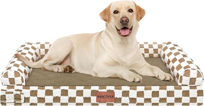 NANUYA Orthopedic Dog Bed for Large Dogs, 38 x 25 Inch, Brown Grid | Egg crate foam for joint support, 3-sided bolster pet sofa, waterproof lining, washable cover, and non-skid base