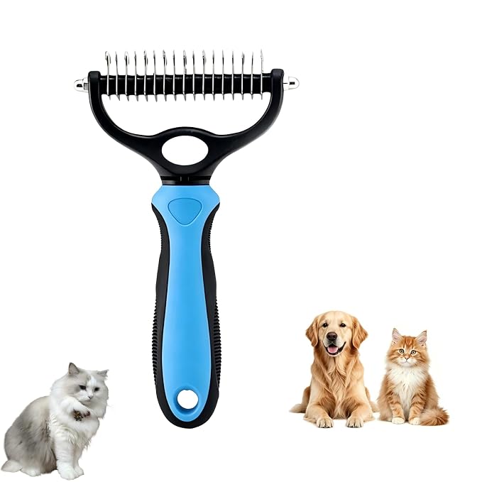 Dematting Comb for Dogs and Cats, 2026 New Undercoat Rake Pet Brush for Long Hair, 2-in-1 Dual-Sided Deshedding Dog Brush Removes Tangles Knots and Loose Fur, Grooming Tool for Thick Coats (Blue L)