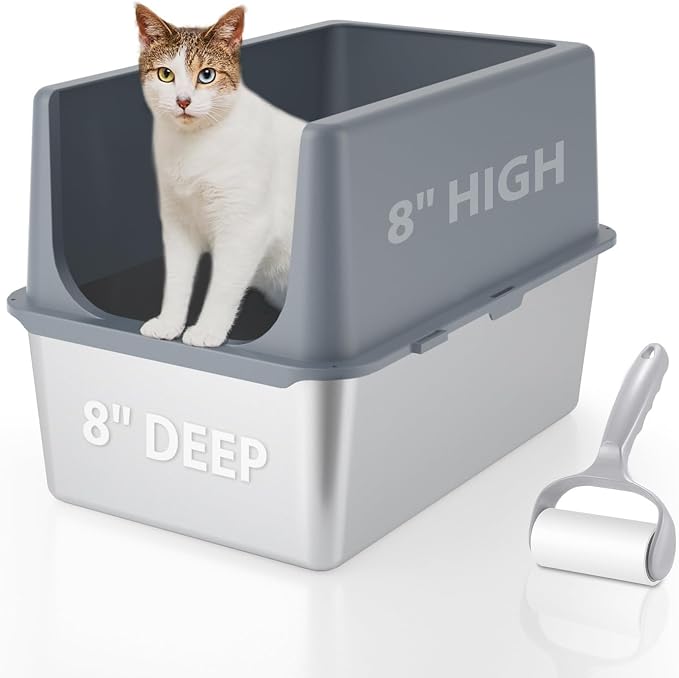 Stainless Steel Cat Litter Box with Lid, Covered Litter Box for Large Cats, 16" High Sides Enclosed Cat Litter Boxes, Extra Large Litter Box with Grey Lid, XL Metal Litter Pan, Easy to Clean