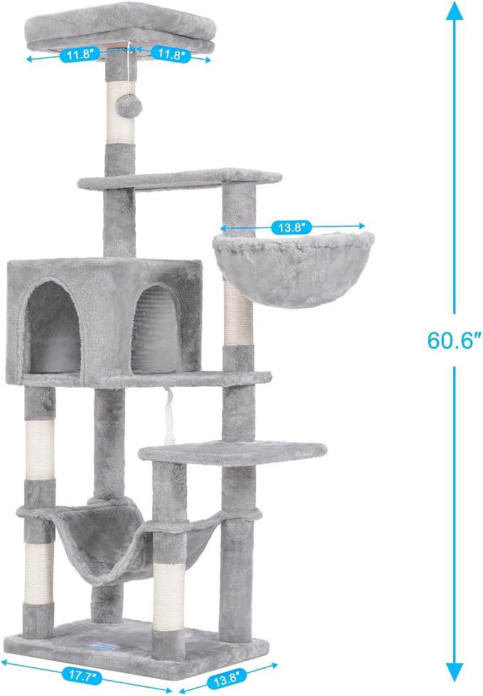 Hey-brother Cat Tree, Multi-Level Sisal Covered Scratching Posts, MPJ050W | 60.6 Inches Tower with Condo, Large Hammock, Top Perch, Toy Ball for Indoor Multi-Cats Households, Light Gray