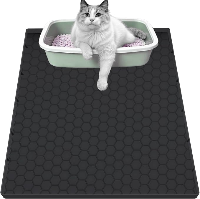 Cat Litter Mat for Litter Box, Silicone Large Cat Litter Trapping Mat - 37x22 in, Waterproof & Non-Slip, Durable & Easy Clean, Black